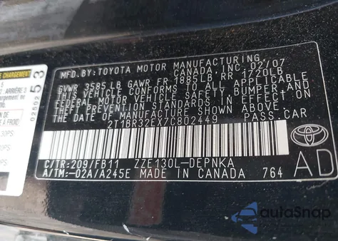 2007 Toyota Corolla Le z USA, uszkodzony, nr VIN 2T1BR32EX7C802449